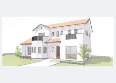 5角形のリビングとベランダのある家