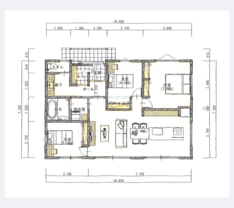 切妻の屋根とコンパクトな部屋のある平屋