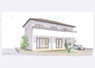 寄棟の広いベランダのある家